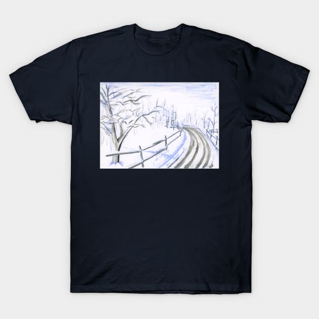 Snowy Landscape with Road and Fence in Ink and Watercolor Pencil T-Shirt by CrysOdenkirk